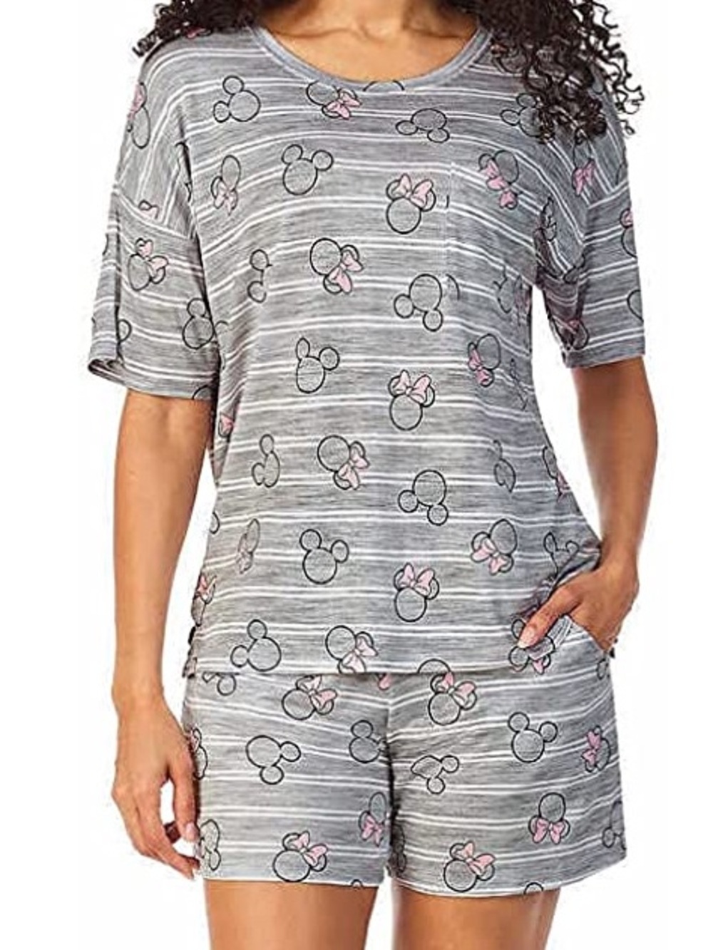 Disney Womens Short Pajama Set with Pockets Gray Minnie Size Medium